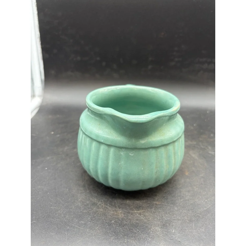 Vintage Seafoam Green Ribbed Ceramic Creamer Pitcher Fluted Pottery